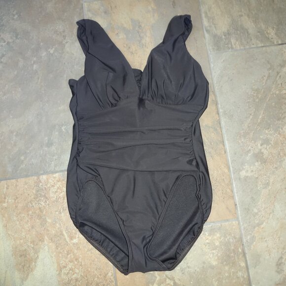 Lands' End SlenderSuit Grecian Chlorine-resistant swimwear Swimsuit 12 Brown $98 - Picture 2 of 12